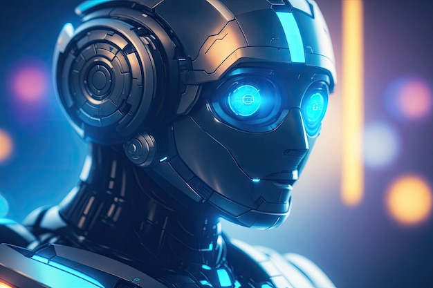 Portret van een AI-robot op een blauwe futuristische achtergrond