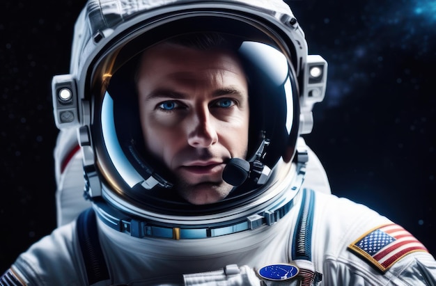 Portret van een Amerikaanse astronaut in een ruimtetuig in de ruimte Cosmonautics Day