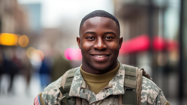 Portret van een Amerikaanse mannelijke soldaat die naar de camera kijkt