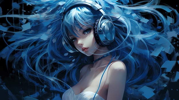 portret van een animemeisje met blauw haar luistert naar muziek op de koptelefoon