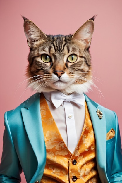 Portret van een antropomorfe kat die koele kleren draagt op een monochrome achtergrond