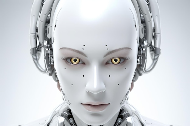 Portret van een antropomorfe vrouwelijke robot op een witte achtergrond close-up Gegenereerd door AI