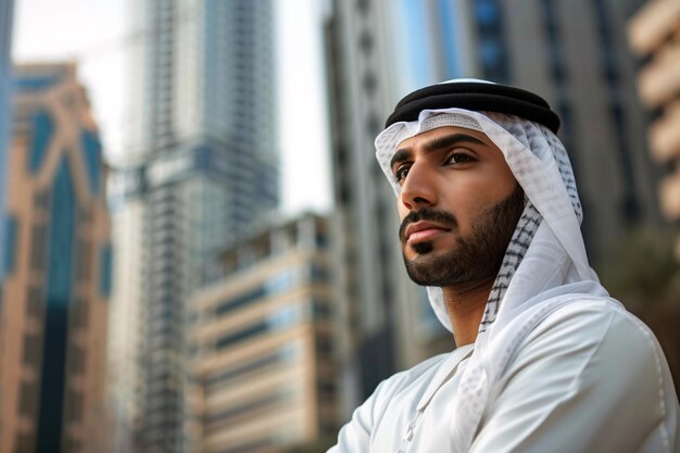 portret van een Arabische zakenman in witte kleren op de achtergrond van de zakelijke stad met wolkenkrabbers