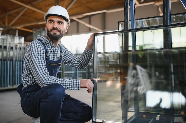 Portret van een arbeider in een overall die werkt met een PVC-raam in de fabriek