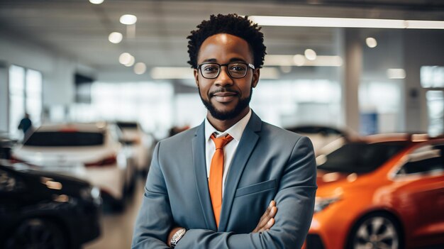 Portret van een autoverkoper die in een showroom staat