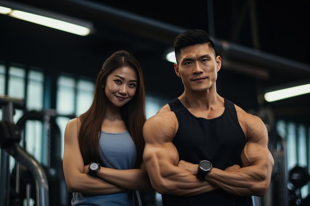 Portret van een Aziatisch echtpaar dat hun spieren oefent in de sportschool gezondheid en wellness