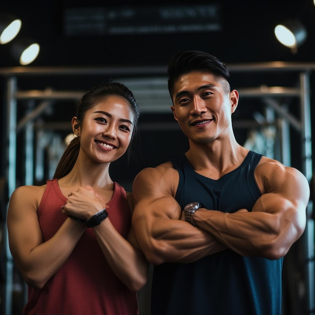 Portret van een Aziatisch echtpaar dat hun spieren oefent in de sportschool gezondheid en wellness