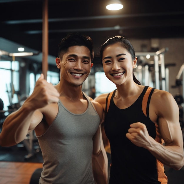 Foto portret van een aziatisch echtpaar dat hun spieren oefent in de sportschool