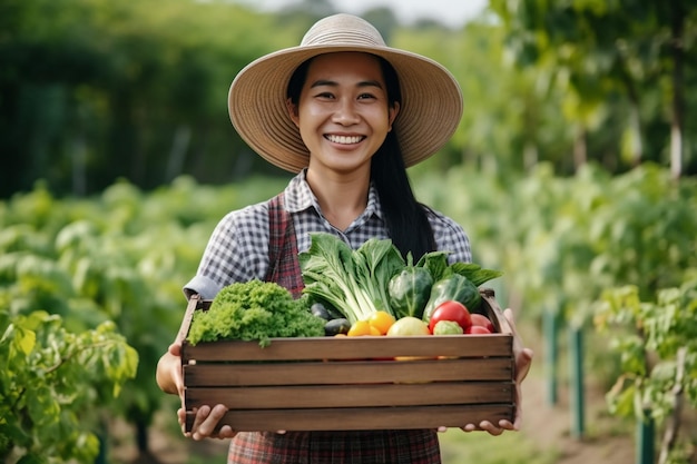 Portret van een Aziatische boer man en vrouw met een houten doos vol verse rauwe groenten biologische boerderij
