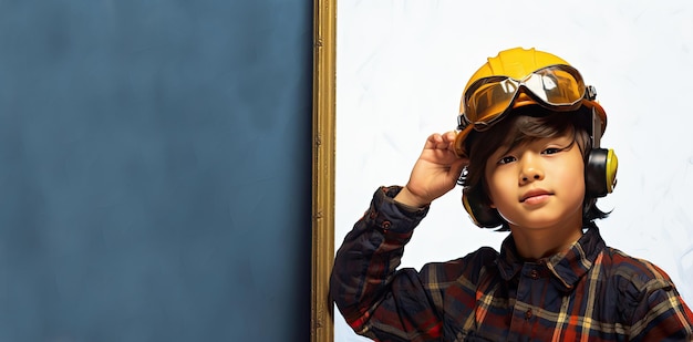 Portret van een aziatische jongen met een oranje helm op een witte achtergrond