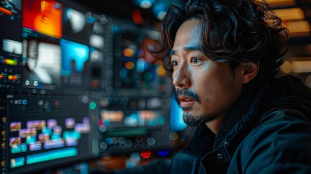 Portret van een Aziatische man die naar de camera kijkt in de controlekamer
