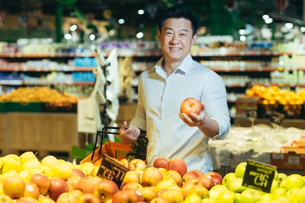 Portret van een aziatische supermarktkoper die appelfruit kiest en in een eco-tas in een mand legt, een man die lacht