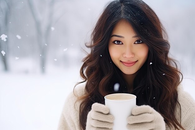 Foto portret van een aziatische vrouw die koffie drinkt in de winter