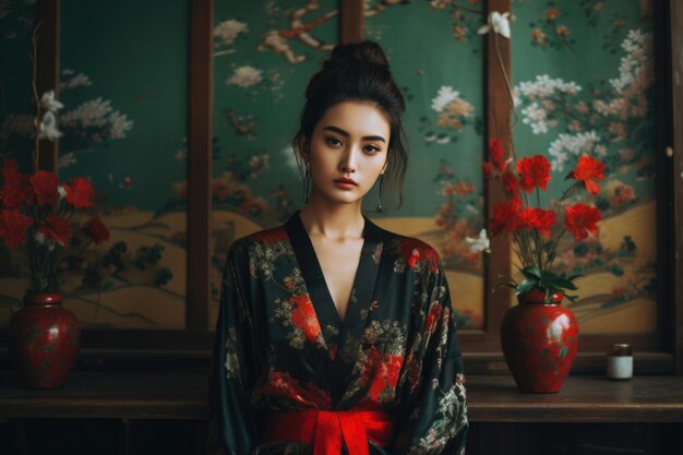 Foto portret van een aziatische vrouw gekleed in nationale kleding tegen de achtergrond van een japanse kamer