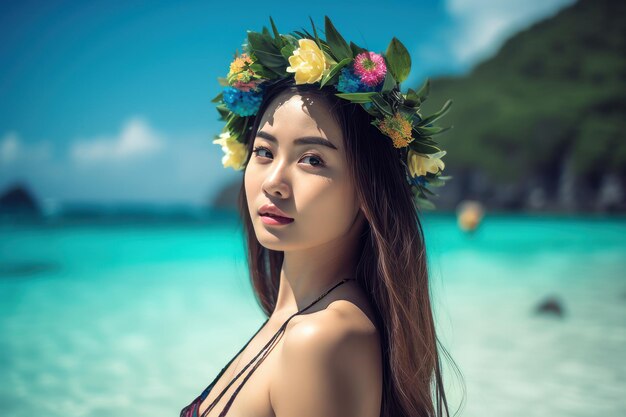 Portret van een Aziatische vrouw op tropisch strand