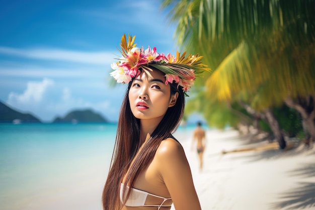 Portret van een Aziatische vrouw op tropisch strand