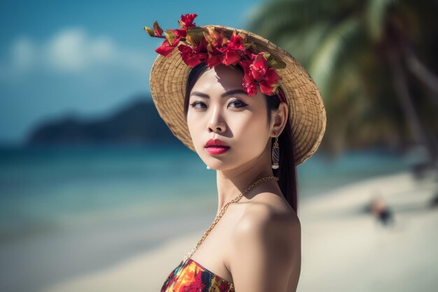 Portret van een Aziatische vrouw op tropisch strand