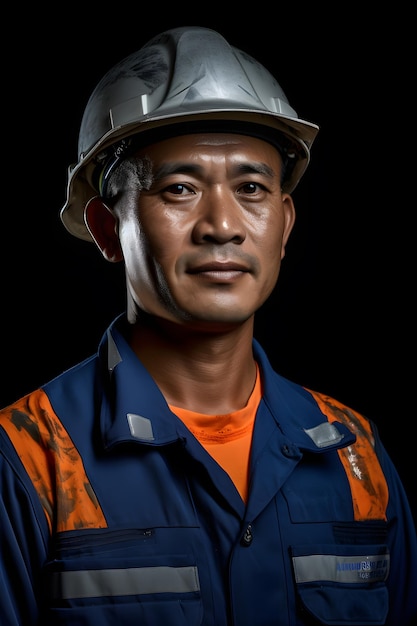 Portret van een Aziatische werknemer met een veiligheidshelm op een zwarte achtergrond