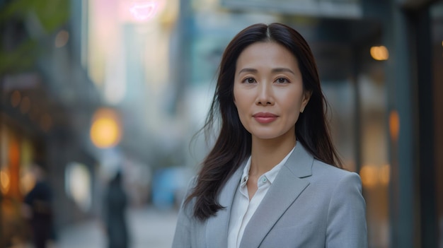 Portret van een Aziatische zakenvrouw van middelbare leeftijd in een grijs pak die in een stadsstraat staat