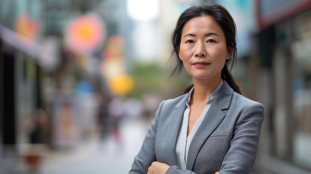 Portret van een Aziatische zakenvrouw van middelbare leeftijd in een grijs pak die in een stadsstraat staat