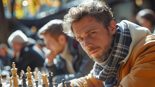 Portret van een baarde man die deelneemt aan een schaaktoernooi