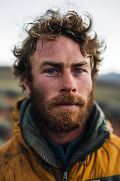 Foto portret van een baarde man met een rode baard in een geel jasje