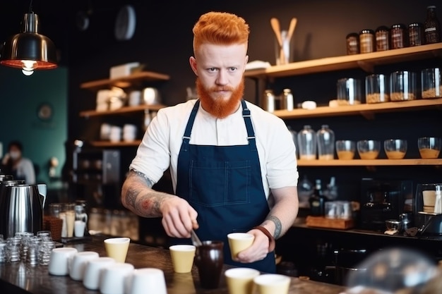 Portret van een barista die koffie maakt in een café gemaakt met generatieve AI