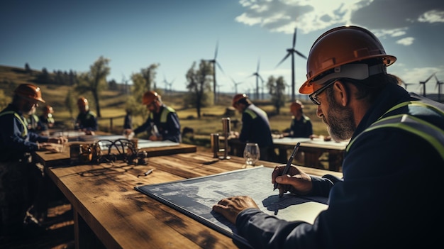 Portret van een bebaarde man met een helm en zonnebril op een zonnige daggenererende ai