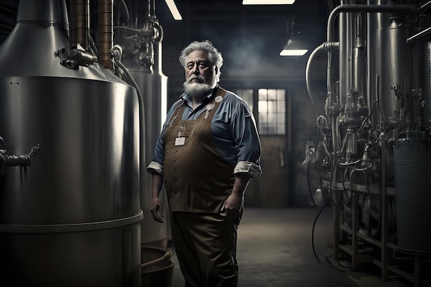 Portret van een bebaarde mannelijke brouwer in het interieur van een moderne brouwerijfabriek Generatieve AI