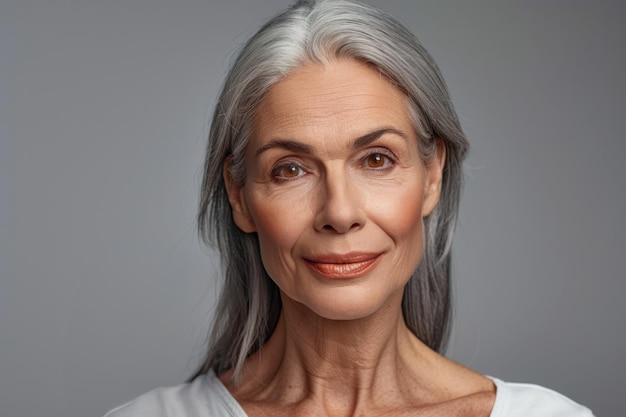 Portret van een bejaarde mooie Amerikaanse vrouw met een pot cosmetische crème in haar hand op grijs