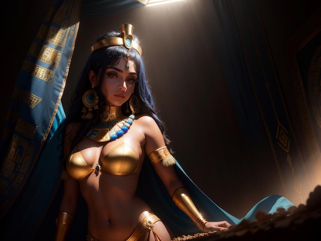 Portret van een bekroonde Egyptische prinses foto in een donkere studio zit op een troon