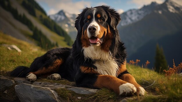 Foto portret van een bernese berghond in de open lucht in een bergachtige omgeving