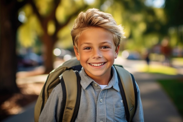 Foto portret van een blanke studentenjongen die klaar is voor de eerste schooldag, een rugzak draagt en poseert met een grote glimlach generatieve ai