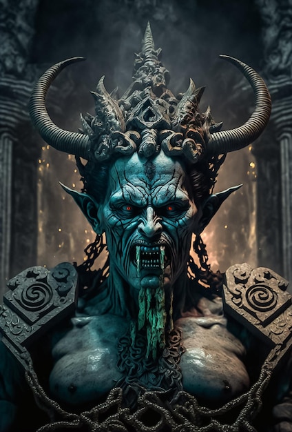 Portret van een blauwe demon op een donkere achtergrond AI gegenereerd