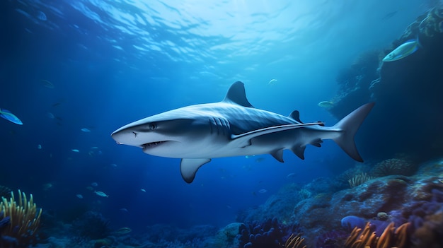 Portret van een blauwe haai terwijl hij langs een array zwemt