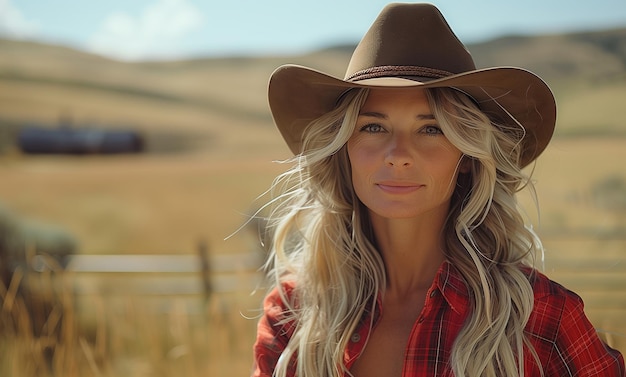 Foto portret van een blonde cowgirl op de boerderij