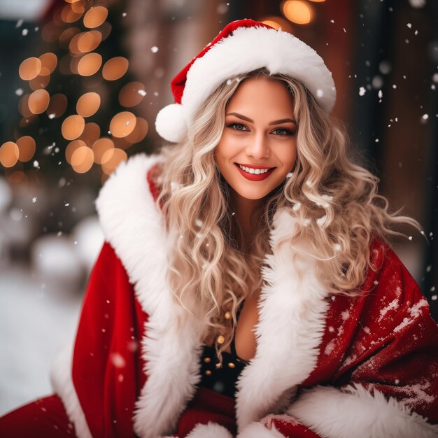 portret van een blonde vrouw als de kerstman in de winter