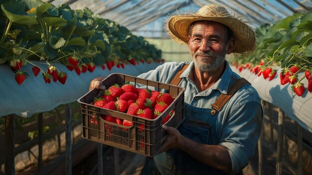 Portret van een boer met een kist vol aardbeien in een kas