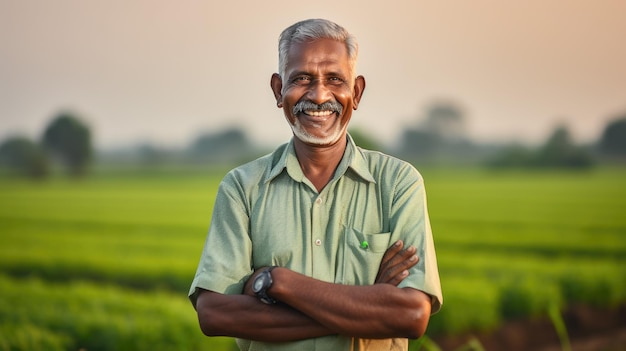 Portret van een boer tegen de achtergrond van zijn akkers