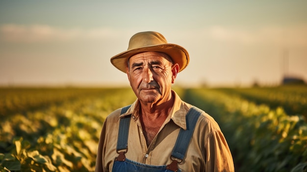 Portret van een boer tegen de achtergrond van zijn akkers
