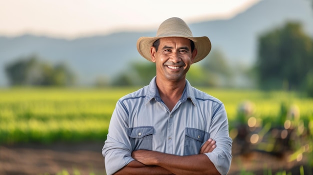 Portret van een boer tegen de achtergrond van zijn akkers