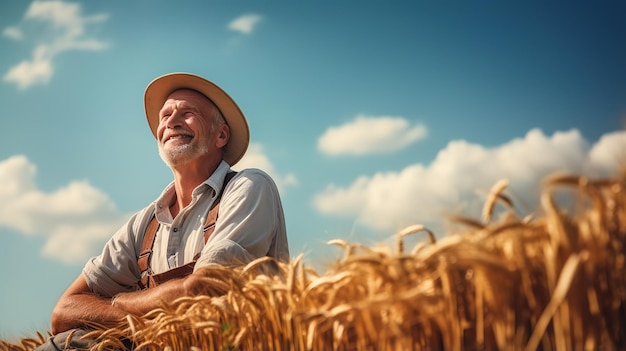 Portret van een boer tegen de achtergrond van zijn akkers