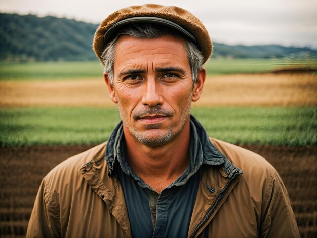 Portret van een boer tegen de achtergrond van zijn velden