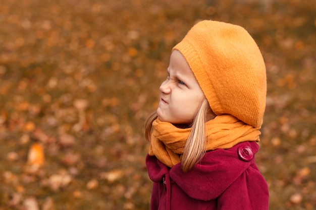 Portret van een boos kind in herfstkleren op de achtergrond van een open plek met gevallen bladeren