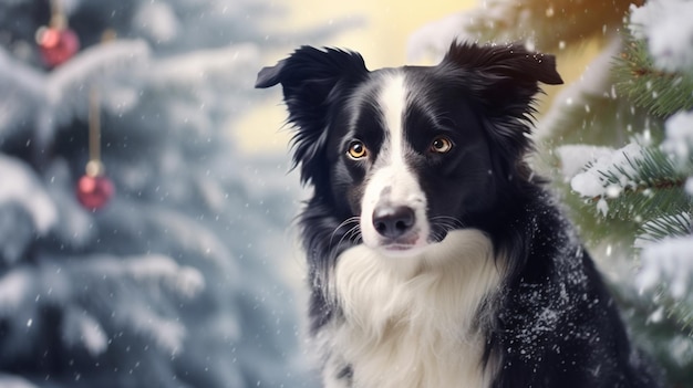 Portret van een border collie bij de kerstboom