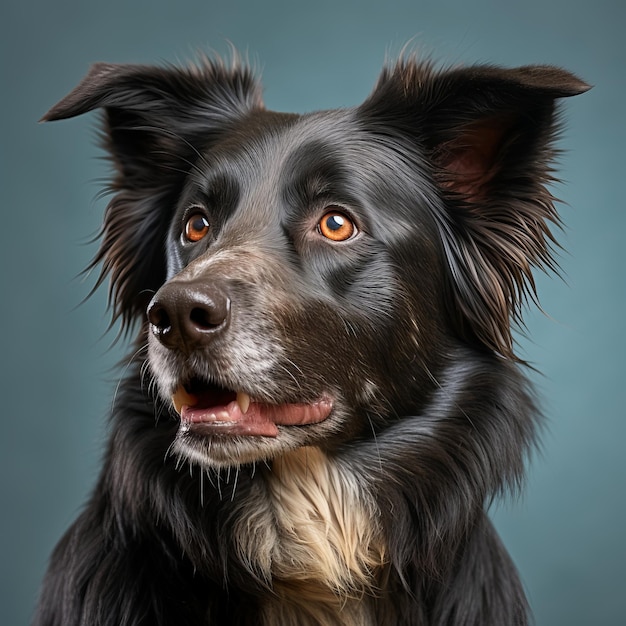 portret van een border collie hond op een blauwe achtergrond