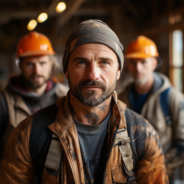 Portret van een bouwer die aan het werk is