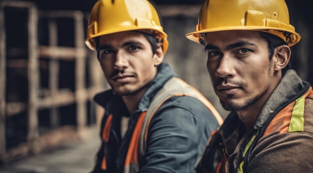 Portret van een bouwvakker harde werker op het werk portret van een man met helm harde werker