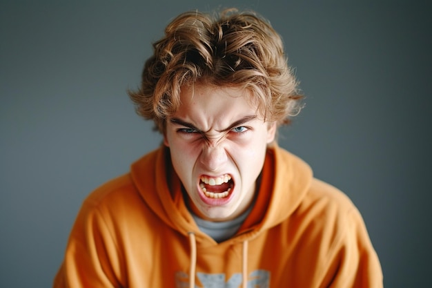 Portret van een boze jonge man die schreeuwt op een grijze achtergrond in de studio