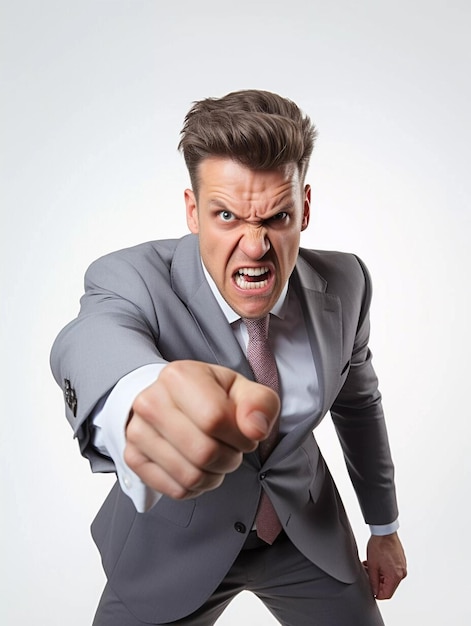 Portret van een boze man in een zakenpak, een agressieve man in woede die schreeuwt.